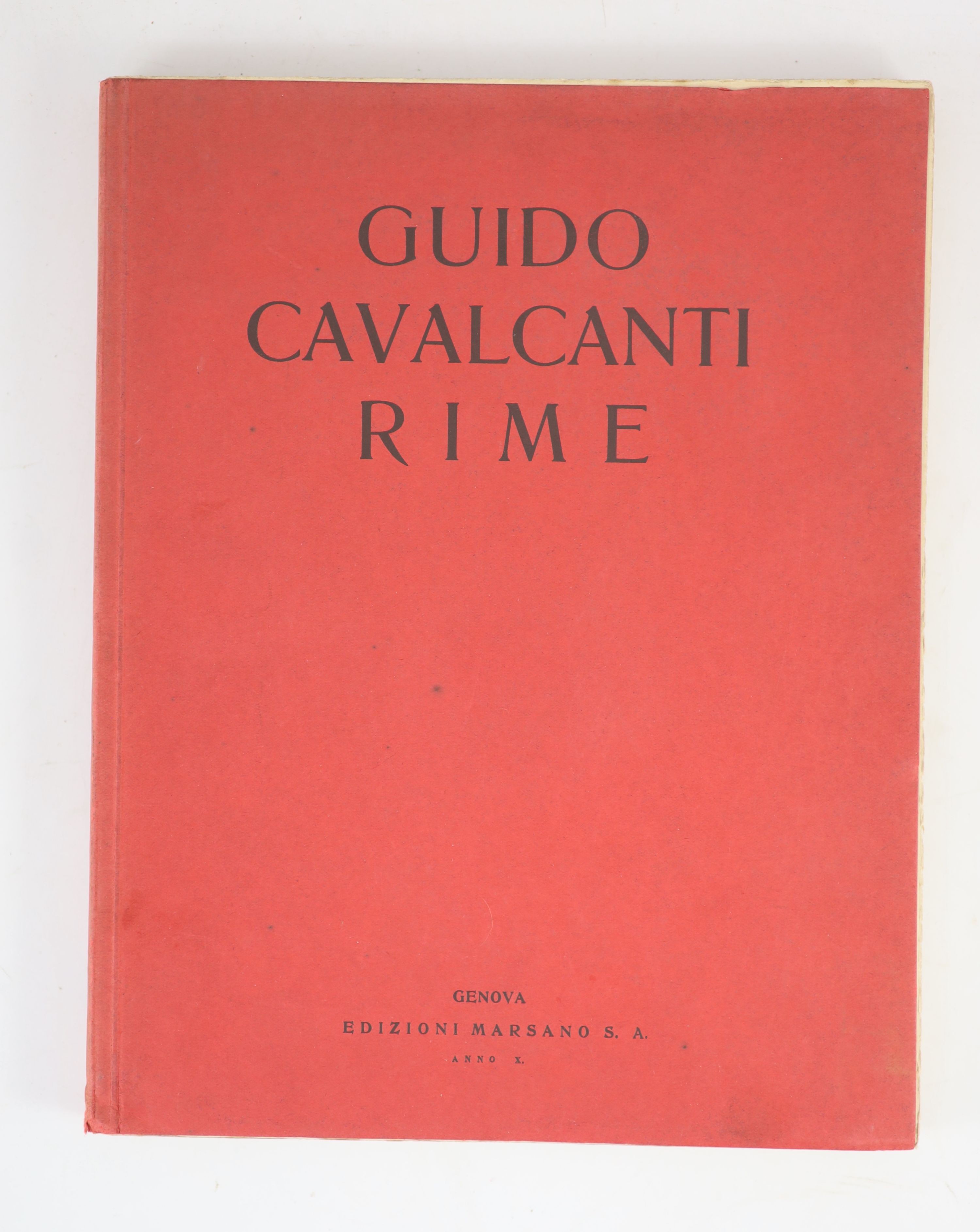 Pound, Ezra (editor) - Guido Cavalcanti Rime, 1st edition, 4to, dull red card wraps, 40 plates, one of 500 printed at Pound’s own expense, Edizioni Marsano, Genova, 1932, in Solander case.